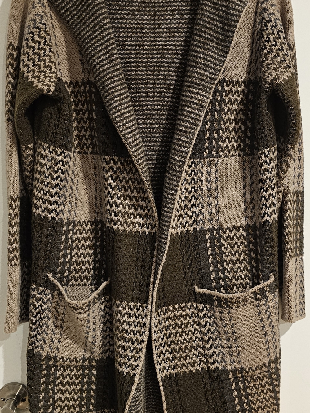Open-Front Plaid Knit Cardigan in Olive and Beige
